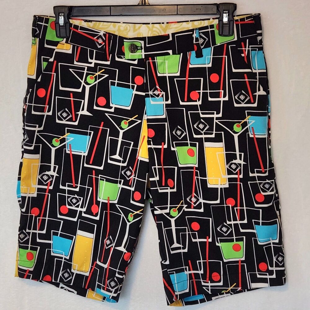 Loudmouth Golf Men's 34 11" Black Shorts Happy Hour Drinks Cocktails Martini